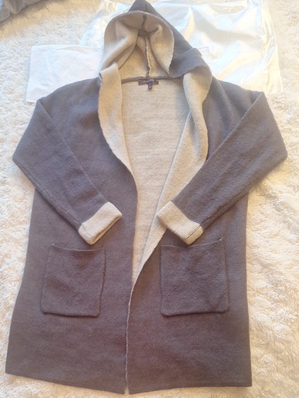Olivia Sky Two-Tone Hooded Knit Long Cardigan Sweater - Eggplant & Tan Inside S - Picture 4 of 10